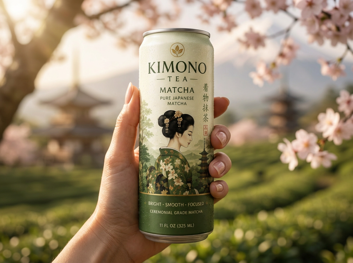 A hand holding a chilled can of Kimono Tea covered in condensation beneath cherry blossom