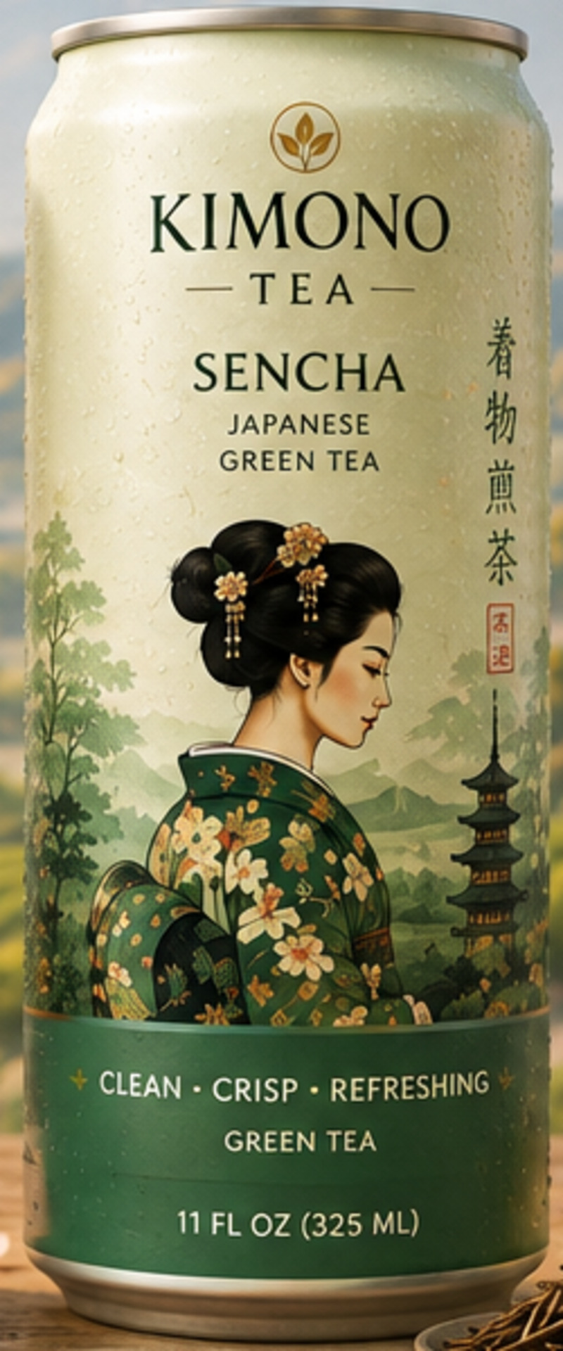 A chilled can of Kimono Tea Sencha above terraced tea rows beside loose sencha leaves and a glass of pale green tea