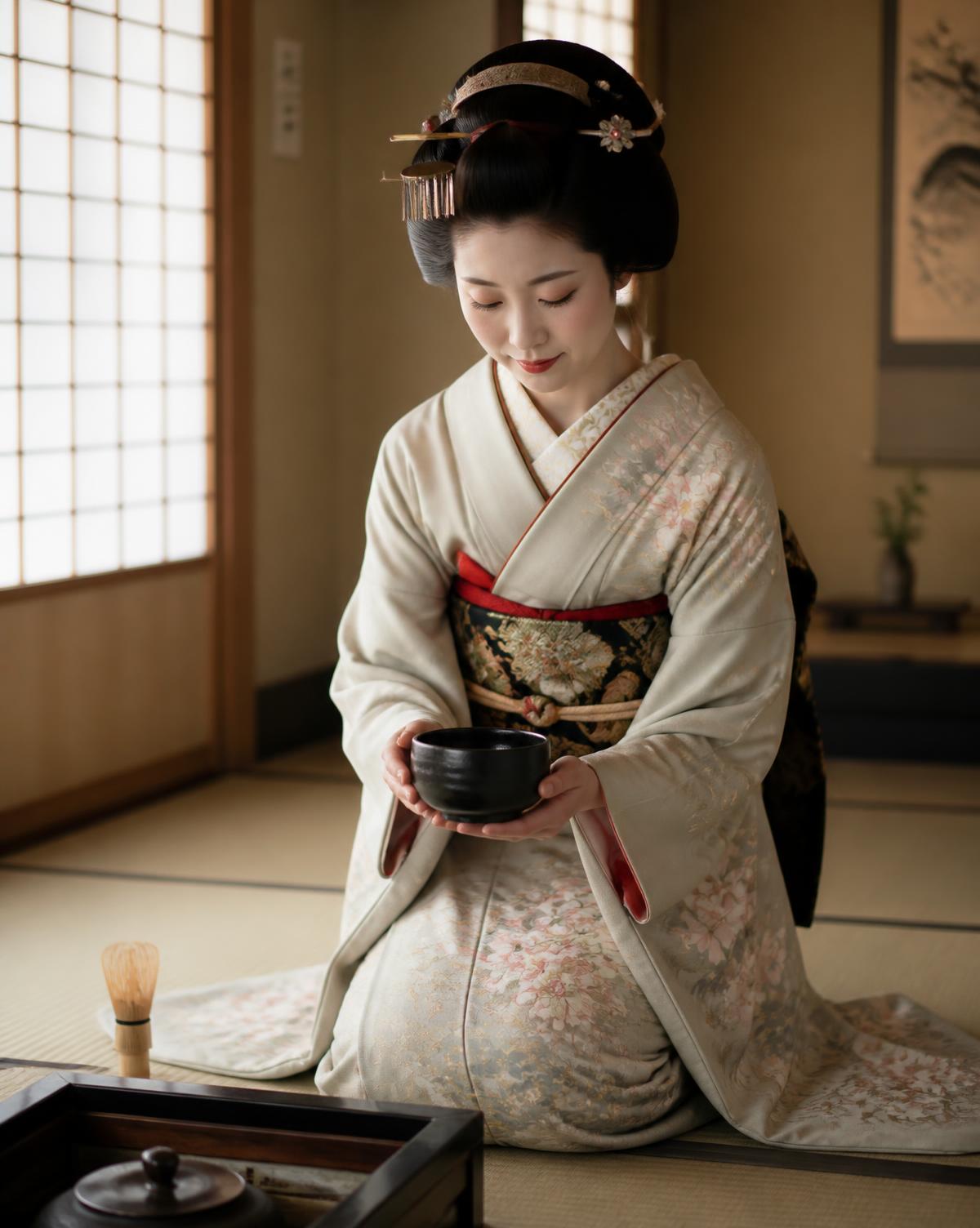A geisha in a silk sakura kimono kneeling in a tatami tea room, presenting a black ceramic matcha bowl beside a bamboo whisk