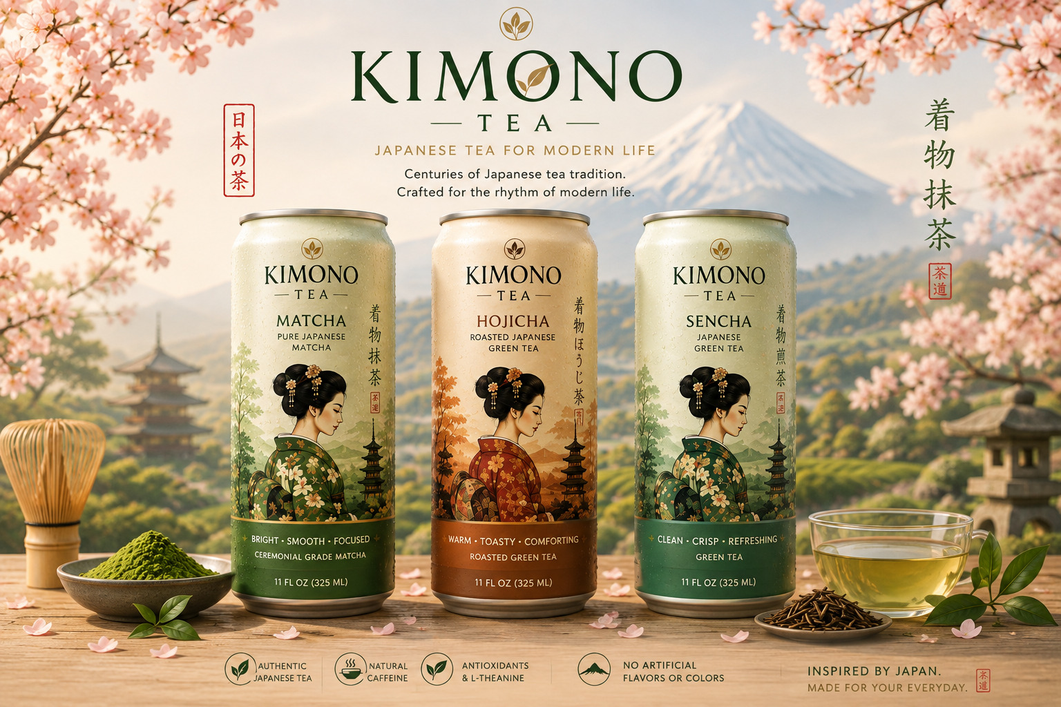 Kimono Tea lineup — Matcha, Hojicha and Sencha cans on a wooden table with cherry blossom, tea fields and Mount Fuji