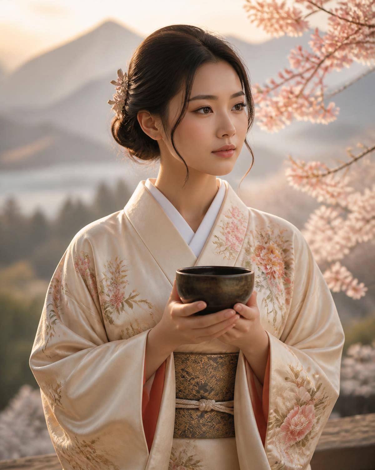 A woman in an elegant silk kimono holding a ceramic tea bowl beneath cherry blossom