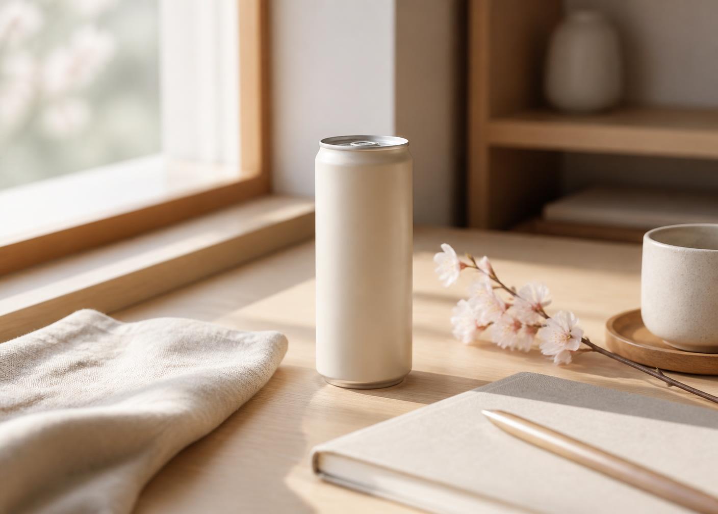 A chilled can of tea on a sunlit wooden desk beside a notebook and blossom sprig