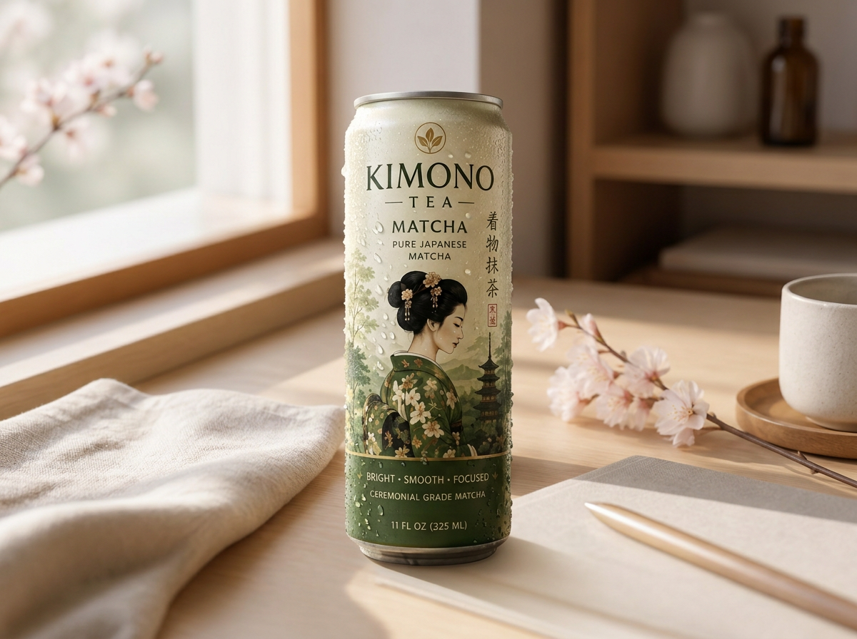 A chilled can of Kimono Matcha on a sunlit wooden desk beside a notebook and blossom sprig